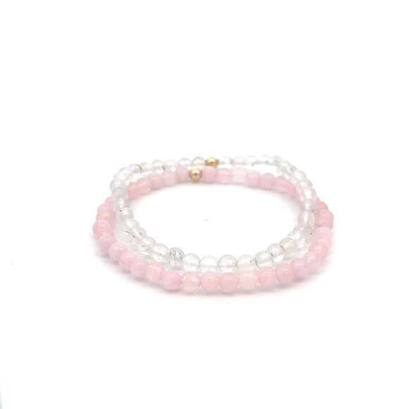 Moonstone & Rose Quartz Gemstone Stretch Bracelet with 14K Gold Accent Bead Hand - Picture 4 of 6